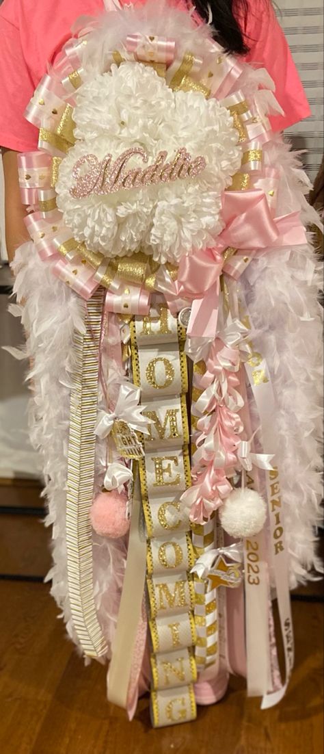 White gold and pink Mum Homecoming Ideas Pink, Senior Hoco Mums White And Gold, Pink And Gold Mums Homecoming, Pink And Gold Homecoming Mum, Pink And White Homecoming Mum, White And Gold Mums Homecoming, Pink Hoco Mum, Pink And White Mums Hoco, Pink Mums Homecoming Senior