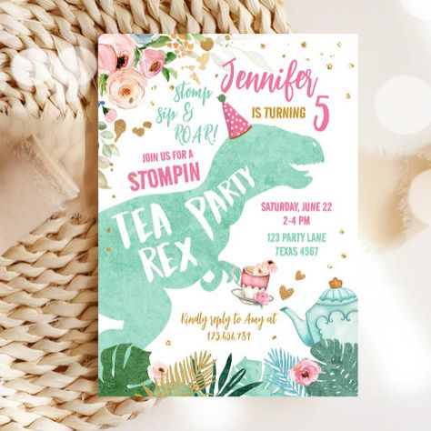 Tea Rex Dinosaur Par-Tea Pink Mint Gold Birthday for $3.08 - Birthday Invitations Dinosaur Tea Party, Par Tea, Tea Rex, Cake Lettering, Dinosaur Birthday Invitations, Tea Party Invitations, Mint Gold, Dinosaur Birthday Party, Tea Party Birthday