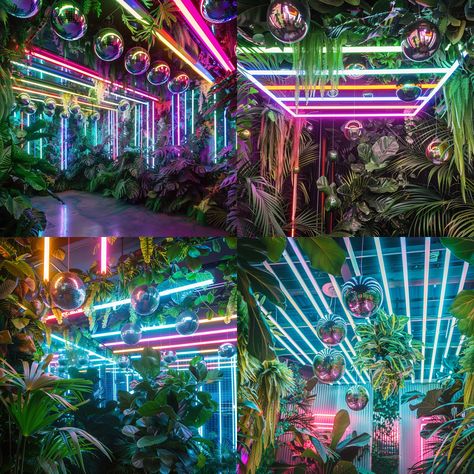 Tropical Disco Party Decor, Disco Tropical Party, Dreamscape Room, Modern Stage Design, Nightclub Design Lighting, Rave Party Decorations, Jungle Disco, Blue Willow Wedding, Rave Theme