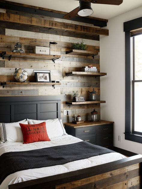 Create a bold and stylish accent wall in a teenage boys bedroom by using reclaimed wood or geometric wallpaper. Add a touch of industrial style with metal shelving units and incorporate sports-themed decor for a personalized touch. Wood Wallpaper Accent Wall, Bedroom Accent Wall, Teenager Bedroom Boy, Metal Shelving, Metal Shelving Units, Bedroom Accent, Accent Wall Bedroom, Wallpaper Accent Wall, Shelving Units