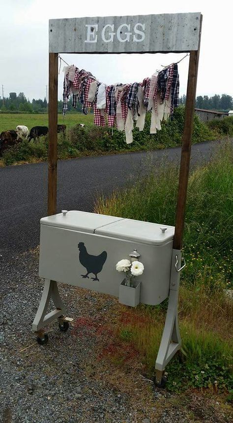 Egg stand from converted old cooler Roadside Stand, Vegetable Stand, Eggs For Sale, Egg Stand, Farm Business, Crazy Chicken Lady, Stand Ideas, Building A Chicken Coop, Mini Farm