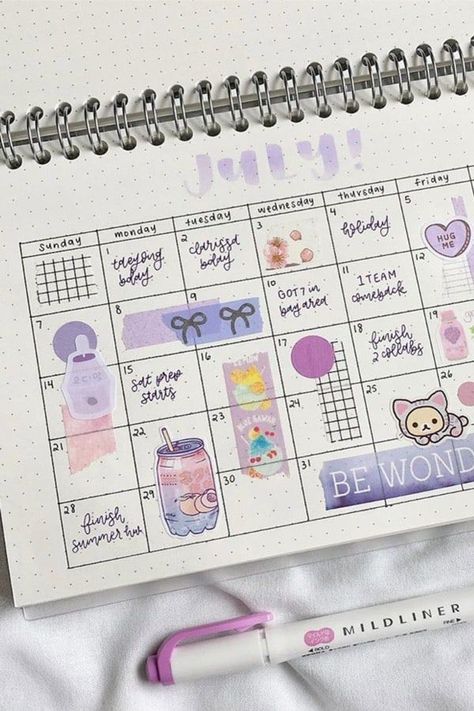 How cute is this July monthly spread?! I love all the stickers Study Planner Ideas, Bujo 2023, Pretty Notebooks, Bujo Monthly Spread, 2024 Journal, Polaroid Album, Calendar Themes, Crazy Laura, Cute Journal