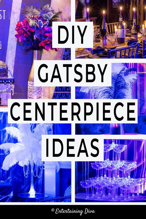 Diy Gatsby Party, Great Gatsby Centerpieces, 20s Party Decor, Gatsby Centerpieces, Roaring 20s Party Decorations, Feather Centerpiece Wedding, Great Gatsby Party Decorations, 20s Party Decorations, Ostrich Feather Centerpieces