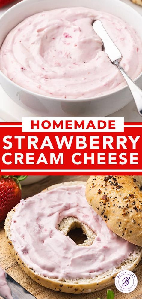 Strawberry Cream Cheese l Belly Full Diy Strawberry Cream Cheese, What To Use Cream Cheese For, Strawberry And Cream Cheese Recipes, Strawberry Cream Cheese Recipes, Strawberry Cream Cheese Icing Recipe, Bagel Party, Homemade Strawberry Cream Cheese, Cream Cheese Strawberries, Cream Cheese And Jam