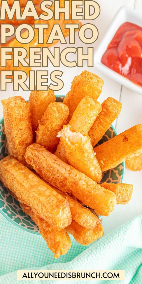 Overhead shot of bowlful of golden, crispy-on-the-outside, soft-on-the-inside mashed potato French fries. Fried Potato Croquettes, Fair Fries Recipe, Better Than French Fries Potatoes, Crispy Potato Rings, Potato Noche Recipe, Dinner Recipe With Potatoes, French Fry Ideas, Mash Potato Fries, Stuffed French Fries