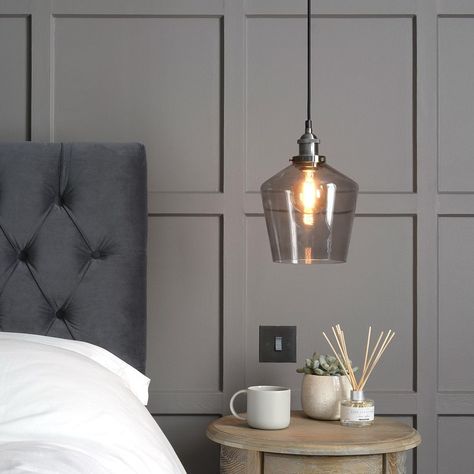 Pendant Lighting Bedroom Bedside, Hanging Bedside Lights, Bedside Hanging Lights, Hanging Bedroom Lights, Bedroom Lighting Ideas, Cotswold Company, Bedside Chandelier, Bedside Pendant Lights, Hanging Bedroom