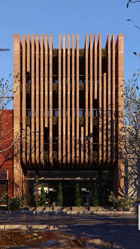 Brick Louver Facade, Elevation Louvers Design, Facade Design Office Building, Double Facade Design, Louvers Facade Design, Vertical Facade Design, Exterior Facade Design Commercial, Modern Traditional Architecture, Wood Facade Architecture Design