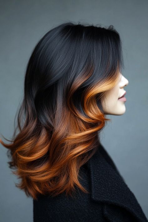 Two-tone hair colors provide brunettes with a creative way to express their look, especially when working with shorter cuts. Warm highlights in shades like caramel or honey create contrast, while cool tones such as silver or pastel hues give an edgy twist. Dip-dye, where the ends are tinted with bold color, or balayage that blends seamlessly, are popular options. This technique adds both dimension and a refreshed appearance, perfect for anyone seeking a new style. Color Blocking Hair Underneath, Fall Hair Dye Ideas For Blondes, Unique Black Hair Color, Black To Auburn Ombre, Alternative Brunette Hair, Color On Tips Of Hair, Copper Dip Dye Hair, Dark Hair Color Inspiration, Copper Color Blocking Hair