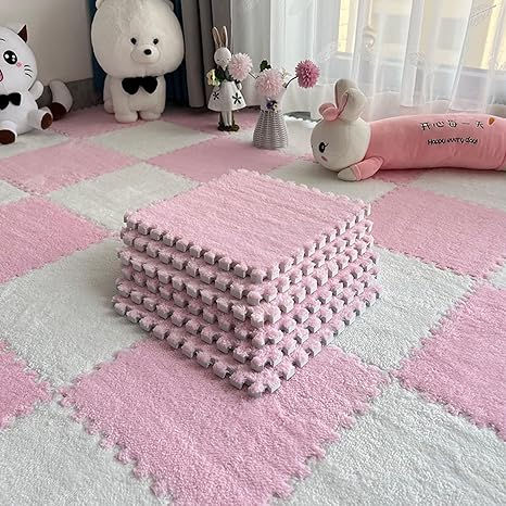 Plush Puzzle Foam Floor Mats, Soft Fluffy Interlocking Square Foam Tiles that can be used as Area Rugs or Carpet for Parlors, Bedrooms and Office Decoration. Great idea for Kids room.  10 PCS 11.8x11.8in, Pink & White. Laminate Plywood, Foam Floor Tiles, Loop Carpet, Plush Rugs, Window Cushion, Foam Mat Flooring, Interlocking Flooring, Foam Tiles, Rugs Bedroom