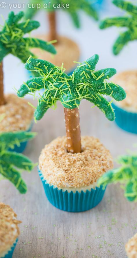 Cute Palm Tree Cupcakes for a show stopper dessert this summer! Edible Palm Trees For Cakes, Palm Tree Pretzel Rods, Moana Cupcake Ideas, Tree Pretzels, Beach Desserts, Hawaiian Cupcakes, Palm Tree Cakes, Cutest Cupcakes, Cup Of Cake