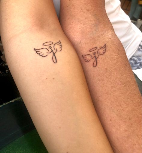 Angel Wings Matching Tattoo, J With Angel Wings Tattoo, Angel Sibling Tattoo, J Angel Wing Tattoo, Matching Angel Wing Tattoos, Small Tattoo Ideas Angel, Angel Finger Tattoo, Small Angel Tattoos For Women, Guardian Angel Tattoo For Women