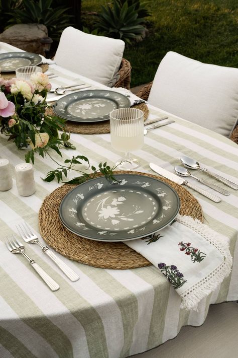 McGee & Co. Outdoor | The Small Details - Studio McGee Everyday Place Settings, Striped Tablecloth, Woven Placemat, Mcgee Home, Olive Jar, Melamine Dinnerware Sets, Metal Easel, Melamine Dinner Plates, Floral Napkins