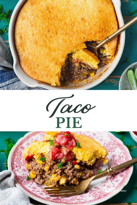 A Mexican-inspired version of chicken potpie, this easy taco pie recipe is a fun twist on a favorite family dinner! Ground beef, zesty seasoning, corn, and peppers are topped with cheese and a cornbread crust for an easy weeknight supper. Easy Taco Pie, Cornbread Crust, Dinner Ground Beef, Taco Pie Recipes, Chicken Potpie, Taco Pie, Pineapple Margarita, Easy Taco, Taco Meat