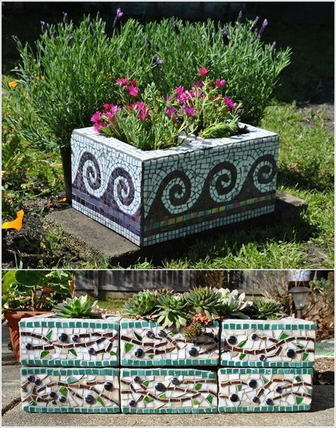 Inexpensive Outdoor Furniture, Cinder Blocks Diy, Cinder Block Ideas, Cinder Block Garden, Planters Diy, Cinder Blocks, Mosaic Garden Art, Mosaic Art Projects, Diy Blocks