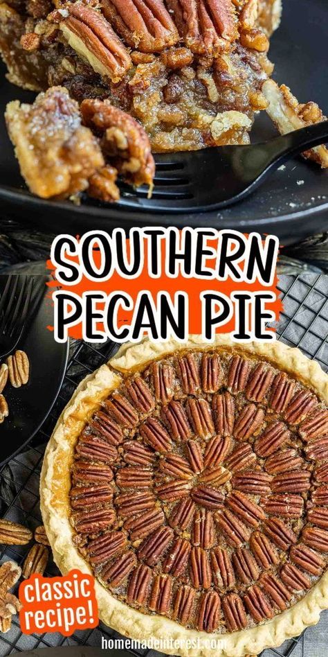 This easy, southern pecan pie recipe from Home. Made. Interest. is a delicious, ooey gooey pie packed with pecans and baked into a flakey crust. You can make this pecan pie with a homemade crust or a store bought crust. Pecan pie is a classis Thanksgiving or Christmas dessert recipe that is so easy to make and totally delicious. This is a great pie for beginners to make, because it turns out perfect every time! Southern Pecan Pie Recipe, Pecan Pie Recipe Southern, Southern Pecan Pie, Homemade Crust, Best Pecan Pie, Classic Thanksgiving, Fall Baking Recipes, Best Thanksgiving Recipes, Thanksgiving Food Desserts