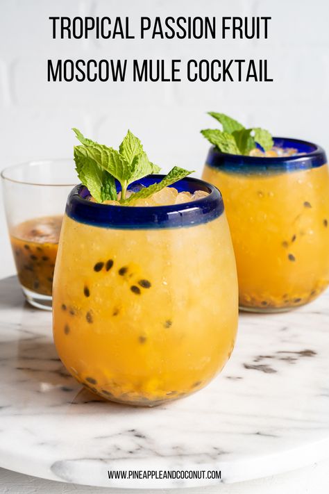 A delicious tropical riff on a classic cocktail made with fresh passion fruit and pineapple vodka. Passion Fruit Whiskey Cocktail, Cocktail Vodka, Pineapple Vodka, Passionfruit Recipes, Cocktail Fruit, Moscow Mules, Mule Cocktail, Sweet Cocktails, Fruit Cocktails