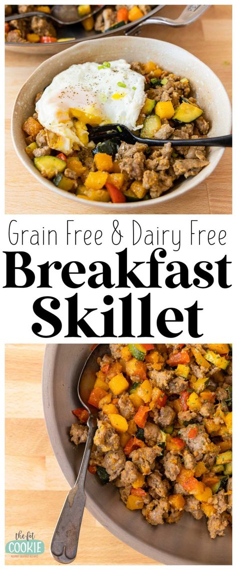 Get ready for your day with this delicious and easy to make paleo breakfast skillet! It's loaded with veggies, complex carbs, and protein. This is made completely egg free as well, but you can serve this with an egg on top for extra protein and healthy fats! | thefitcookie.com #paleo #glutenfree #dairyfree Grain Free Dairy Free Meal Prep, Gluten Dairy Free High Protein, No Dairy Or Egg Recipes, Gluten Free Dairy Free Breakfast, Carbs And Protein, Dairy Free Breakfast, Dairy Free Breakfast Recipes, Protein Options, Egg Free Breakfast