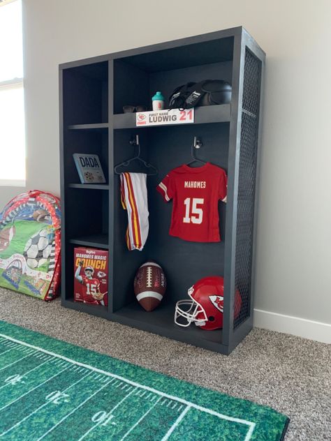 Football nursery, football scoreboard, football locker and bookcase, boys room, kansas city chiefs Football Themed Nursery, Boys Football Bedroom, Maternity Photos At Home, Football Nursery, Football Scoreboard, Football Room Decor, Sports Themed Bedroom, Sports Room Boys, Boy Sports Bedroom