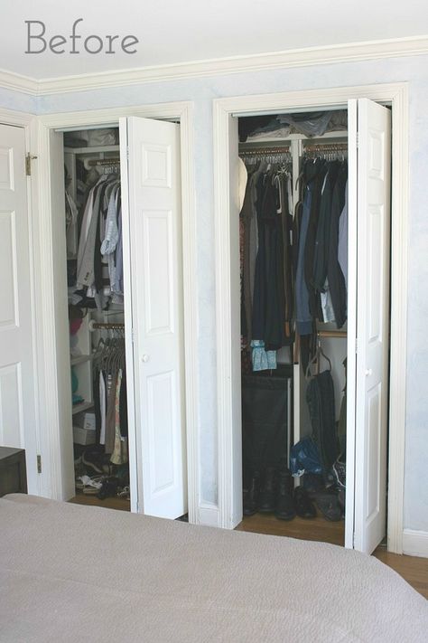 The "before" pic of this amazing closet makeover - I've got to do this to our closet!! Closet Door Alternative, Curtains For Closet Doors, Door Alternatives, Glam Closet, Diy Closet Doors, Ideas Closet, Closet Door Makeover, Small Closet Space, Closet Curtains