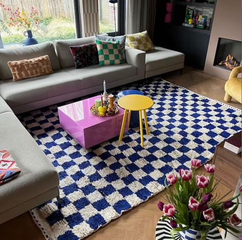 Checkered rug living room