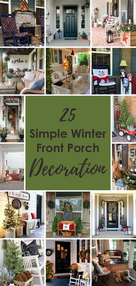 25 Simple Winter Front Porch Decoration - Matchness.com Outdoor January Decorations, Winter Entryway Decor Front Porches, Christmas Porch Chair Decor, Cozy Winter Porch Ideas, Winter Outdoor Bench Decor, Winter Porch Ideas After Christmas, Winter Decor Outside, Non Christmas Winter Decor Front Porches, January Outdoor Decor