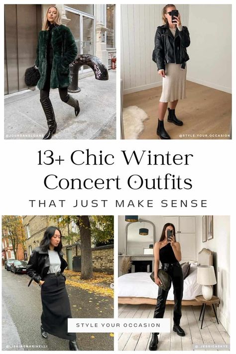 Looking for the perfect concert outfit for a cold winter day or night? This list has chic, modern, and stylish winter concert outfit ideas whether you are going to a rock concert, rap or hip hop concert, or need a cute winter country concert outfit to wear! There's casual ideas, dressier looks, petite, mid size, and plus size options for the perfect winter concert aesthetic! Concert In Winter Outfit, Concert Outfit Ideas Winter Casual, Concert Outfit For Cold Weather, Simple Concert Outfit Fall, New York Concert Outfit, Violin Concert Outfit, Winter Concert Outfit Ideas Black Women, Concert Outfit For Winter, R B Concert Outfit Winter