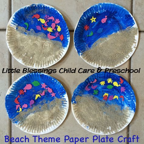 Our easy paper plate beach craft! #beachtheme Little Blessings Child Care and Preschool :) Ocean Beach Crafts Preschool, Beach Art For Preschool, Ocean And Beach Crafts For Preschoolers, Beach Projects For Preschool, Beach Activity Preschool, Beach Activities For Kids Preschool, Vacation Crafts For Preschool, Beach Crafts For Preschool, Beach Theme Toddler Crafts