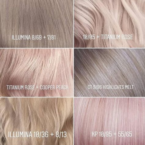 10/05 + Titanium Rose or Titanium Rose + Copper Peach Wella Illumina Formulas, Wella Color Formulas Blondes, Different Shades Of Blonde Hair, Shades Of Blonde Hair, Toner Formulas, Toner For Blonde Hair, Different Shades Of Blonde, Blonde Toner, Hair Formula