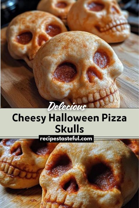 Cheesy Halloween Pizza Skulls are a fun and spooky Halloween treat that combines pizza dough with gooey cheese and various toppings. Shaped like skulls and served with marinara sauce for dipping, these mini pizzas are perfect for Halloween parties or themed dinners. Spooky Party Food, Fun Family Dinners, Pizza Skulls, Skull Pizza, Spooky Dinner, Halloween Pizza, Pizza Appetizers, Pizza Shapes, Fun Halloween Food