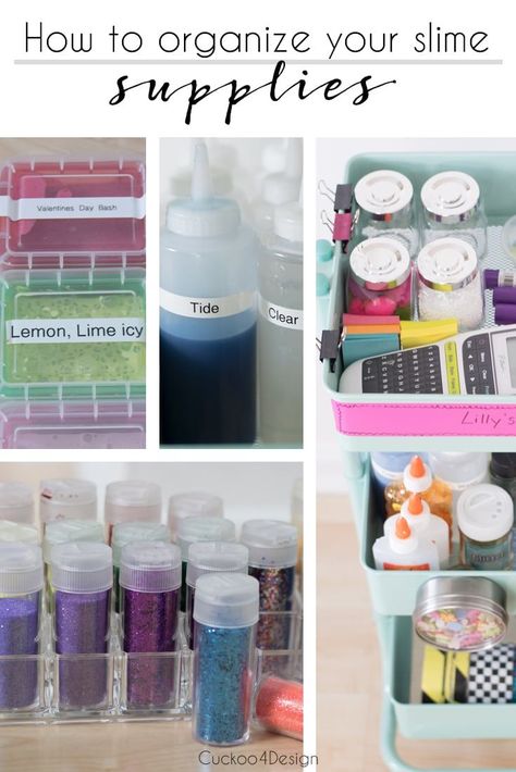 How to organize your slime supplies via @jakonya | making slime | organizing your slime concoctions | organizing your slime supplies | organizing glitter | organizing craft supplies | craft cart | slime cart | how to not make a mess with slime Slime Station Organization, Slime Making Station, Slime Storage Organization, Slime Station Ideas, Slime Organization Ideas, Slime Table, Slime Station, Slime Storage, Slime Business