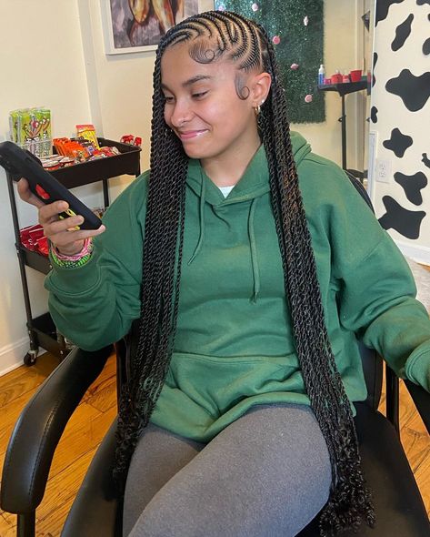 Book this look: Island Twists + half fulani + waist length + curls at ends. ⭐️ JAN. IS BOOKED! February bookings open January 28… | Instagram Feedin Cornrows, Island Twist, Feed In Braids Hairstyles, Protective Hairstyles Braids, Feed In Braid, Fulani Braids, Pretty Braided Hairstyles, Braided Hairstyles Updo, Holiday Hairstyles