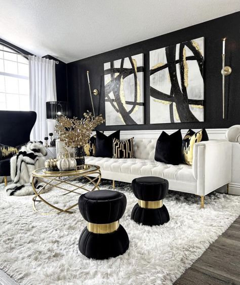 Black White And Gold Living Room, Black And Gold Living Room, Dnevni Boravak, Gold Living Room Decor, Glam Living Room Decor, Black Living Room Decor, White Living Room Decor, Gold Living, Black And White Living Room