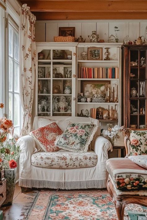 "Add a touch of countryside magic to your home with Cottagecore Decor! 🌸🏡 A great way to create a warm, inviting atmosphere. 🌿✨ #RusticDecor #CottagecoreHome #InteriorDesign" Dream Cottage Interior Living Room, Small Living Room Cottagecore, Dream House Cottagecore, Home Decor Ideas Cottagecore, Cottagecore Bed And Breakfast, Cottagecore Foyer, Living Room Decor Cottagecore, Grandmacore House Decor, Granny Core Living Room