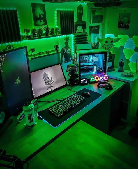 Green Gamer Room, Green Gaming Room, Green Gaming Setup, Led Game Room, Green Pc, Videos For Youtube, Music Creative, Games Room Inspiration, Home Recording Studio Setup