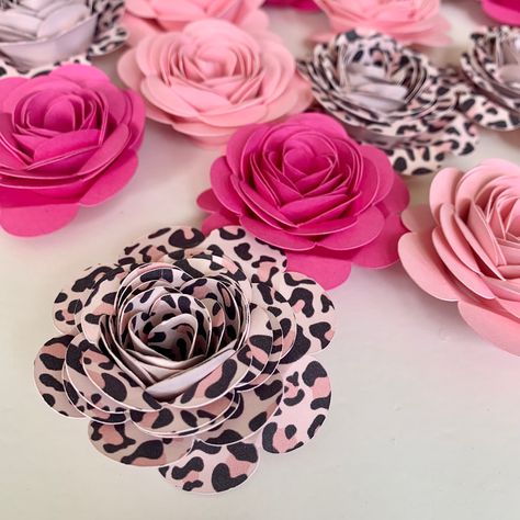 Pink Leopard Party, Leopard Cupcakes, Cheetah Party, Pink Paper Flowers, Wild Baby Shower, Leopard Print Party, Leopard Party, Rolled Paper Flowers, 50th Birthday Decorations