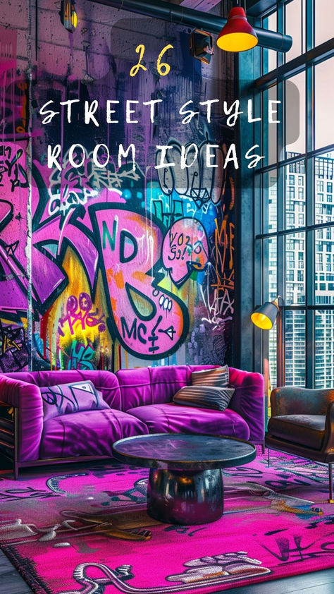 Love Being A Trendsetter? Click For Street Style Room Ideas That Set The Trend In Home Decor. Style Your Urban Edge! 🌟🛏️ #TrendsettingDecor #StreetStyleRooms #EdgyInteriors #HomeFashion #UrbanEdge Street Art Interior Design, Graffiti Home Decor, Street Style Decor, Urban Decor Ideas, Crib Styles, Street Style Bedroom, Style Room Ideas, Graffiti Decor, Street Style Room