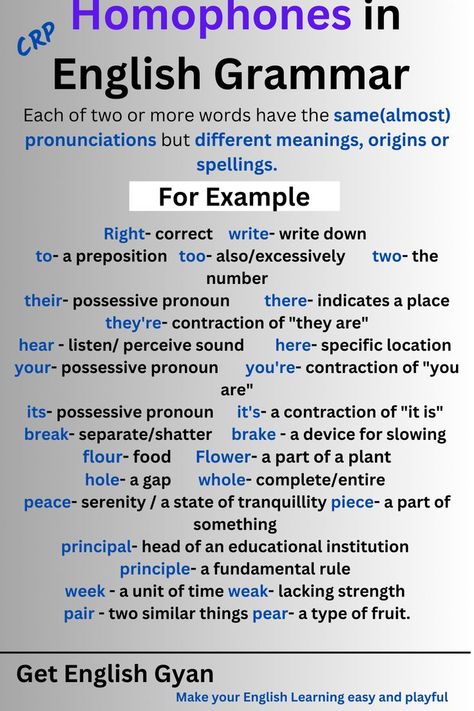 Homonyms are words that have the same pronunciations but different meanings, origins or spellings. Homonyms Words, Possessive Pronoun, Different Meaning, Computer Basic, English Study, More Words, English Grammar, English Lessons, English Words