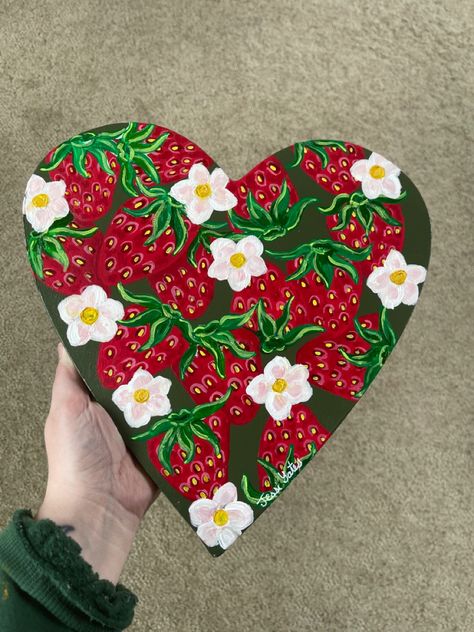 Hand painted strawberries on a heart shaped canvas Love Theme Painting, Painting Ideas Heart Canvas, Cute Heart Paintings, Heart Canvas Ideas, Heart Shaped Painting Ideas, Painting Ideas Heart, Heart Canvas Painting, Hearts Painting, Heart Shaped Painting