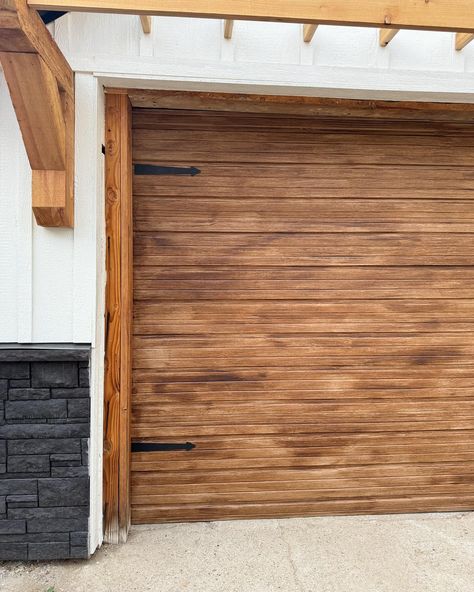 🤌🏻✨ DIY faux wood garage door and I love 😍 painted the garage knob black and added magnetic hinges to finish it off. Next up is new concrete! . . . #garage #exterior #exteriordesign #diy #project #painting #paint #home #homemakeover #garagedoors Fake Garage Door Ideas, Faux Wood Garage Door Diy, Garage Door Framing, Faux Wood Garage Door, Concrete Garage, Wood Garage, Wood Garage Doors, Garage Exterior, Diy Garage Door