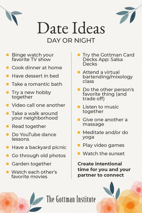 In our Gottman Relationship Blog post "6 Hours a Week to a Better Relationship," Dr. John Gottman recommends couples dedicate at least two hours per week for leisurely, romantic time together. There's no single blueprint all couples should follow for dates — your "we time" will be based on your unique relationship, interests, and circumstances. What's your favorite "date" you've ever been on with your partner? Different Types Of Couple Dates, Better Relationship Tips, Relationship Blog Post Ideas, Couple Routine, Monthly Couple Check In, Day Dates For Couples, 8 Dates John Gottman, Relationship Milestones Timeline, Ideas For Couples To Do Together