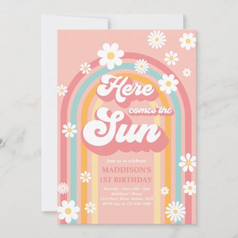 Here Come The Sun Boho Daisy Rainbow 1st Birthday Invitation All designs are © PIXEL PERFECTION PARTY LTD Groovy 3rd Birthday, One Groovy Babe, First Birthday Template, Flower Power Party, Hippie Birthday Party, Rainbow 1st Birthday, 10th Birthday Invitation, Rainbow Baby Shower Invitations, Groovy One