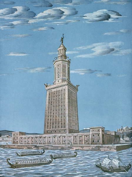 The Great Lighthouse of Alexandria, illustration from a Hungarian edition of 'History in Pictures' by B. Seyfert, 1928 Alexandria Lighthouse, Lighthouse Of Alexandria, Library Of Alexandria, Sunken City, Roman Warriors, Urban Design Plan, Great Pyramid Of Giza, Pyramids Of Giza, Seven Wonders