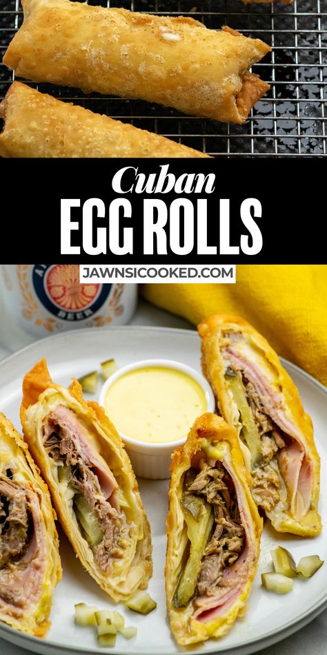 Sides For Cuban Sandwich, Cuban Roll Ups, Cuban Rolls, Cuban Sandwich Dip, Cuban Sandwich Casserole, Boudin Egg Rolls Recipe, Cuban Egg Rolls, Cuban Wrap, Ham And Cheese Egg Rolls