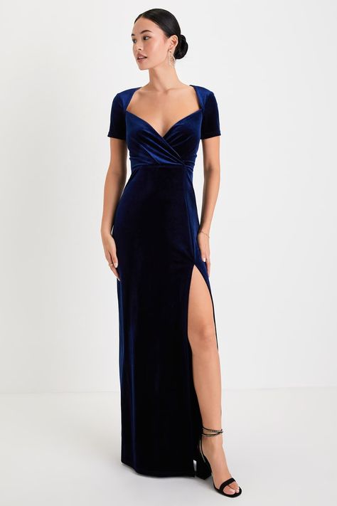 Navy Blue Velvet - Velvet Maxi Dress - Surplice Maxi Dress - Lulus