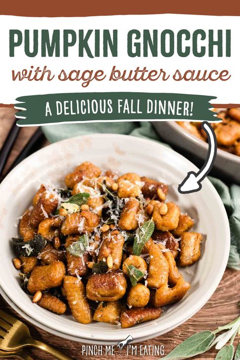 Pumpkin gnocchi in a cream bowl — Text reads "Pumpkin gnocchi with sage butter sauce - a delicious fall dinner!" Quick Fall Dinner, Sage Brown Butter Sauce, Sage Brown Butter, Gnocchi Recipes Homemade, Brown Butter Sage Sauce, Sage Sauce, Sage Butter Sauce, Sage Recipes, Pumpkin Gnocchi