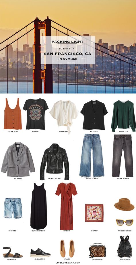 San Francisco is considered to be on of the stylish and coolest cities in the United States, but what do you pack for San Francisco? It's unpredictable weather San Francisco Packing List, Travel Outfit Plus Size, Summer Packing List, Summer Packing Lists, Summer Packing, San Francisco Style, Packing Clothes, Light Travel, Travel Capsule