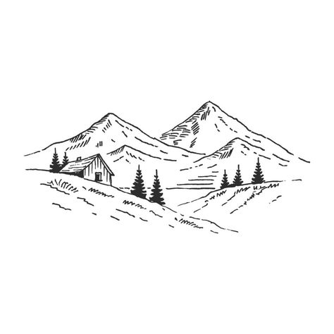 House In Mountains, Mountain Sketch, Harry Potter Art Drawings, Camera Tattoo, Mountain Drawing, Trees Landscape, Doodle Tattoo, Sketch Style, Lake Landscape