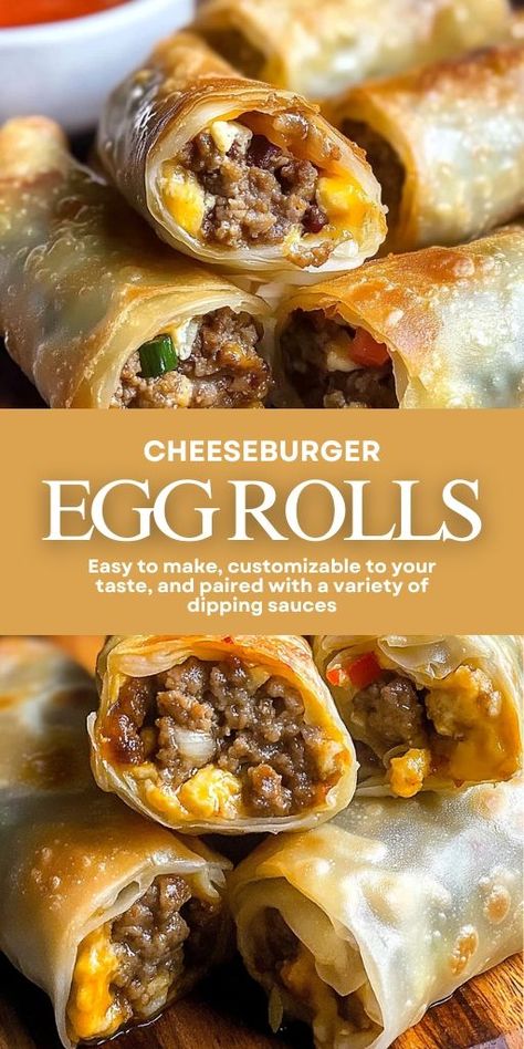 These Cheeseburger Egg Rolls are sure to become a crowd-pleaser! 🍔🥟 Filled with seasoned beef, melty cheese, and wrapped in a crispy shell, these egg rolls are perfect for parties, game days, or snacks. Serve with dipping sauce for an extra burst of flavor!

📌 Save this pin to make crispy and delicious cheeseburger egg rolls that everyone will love!
#CheeseburgerEggRolls #PartySnacks #GameDayFood #AppetizerIdeas #CrowdPleasers #EasyRecipes Cheeseburger Eggrolls Recipe, Fun Dinners For Kids, Cheeseburger Egg Rolls Recipe, Eggrolls Recipe, Cheeseburger Egg Rolls, Recipe Ground Beef, Egg Rolls Recipe, Mustard Chicken Recipes, Unique Dinner