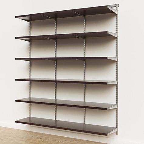 Elfa Décor 6' Platinum & Walnut Basic Shelving Units for Anywhere | The Container Store Book Storage Small Space, Melamine Shelving, Shallow Pantry, Custom Closet Shelving, Elfa Shelving, Shop Shelving, Wall Shelving Units, Shelving Storage, Shelving Solutions