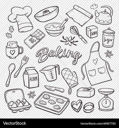 Baking Doodles Drawing, Cute Food Sketches, Cooking Art Drawing, Cooking Doodles, Baking Doodles, Baking Cartoon, Cookbook Scrapbook, Baking Illustration, Baking Drawing